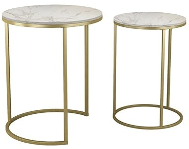 URBNLIVING 2 Pcs Round Nesting Stacking Sofa Side Bedside End Tables Set White Marble Wooden Top with Gold Metal Legs Modern Space Saving Accent Coffee Tea for Living Room Bedroom Office