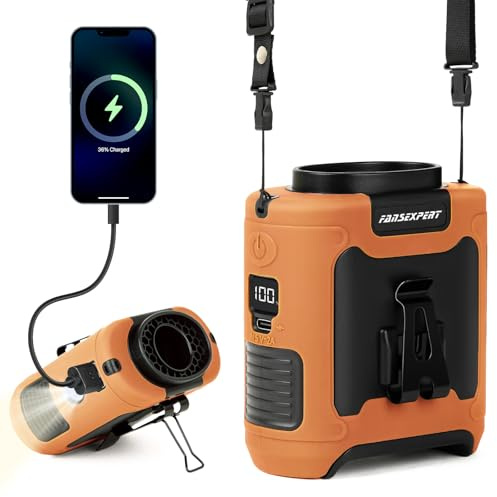 FANSEXPERT Portable Waist Fan Clip on, Personal Wearable Belt Fan 10000mAh Rechargeable Battery Under Shirt,5 Speeds with light, Neck Fan Hands-Free Cooling For Outdoor Camping Travel (Orange)