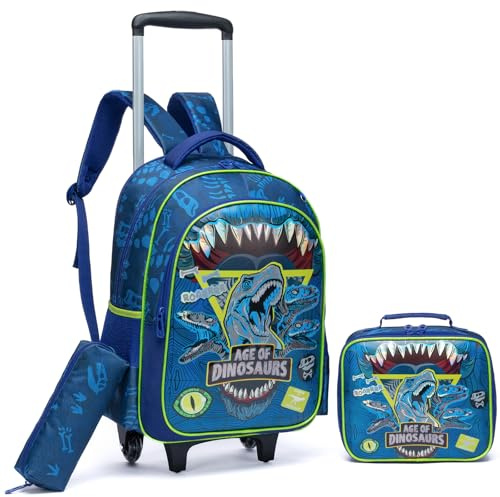 Egchescebo Rucksack mit Rollen Kinderkoffer Jungen Kinder für Koffer Schultrolley Kindertrolley Trolley Groß Schultasche Handgepäck Kindergepäck 3pcs Sätze Geeignet für Grundschüler Dinosaurier Blau