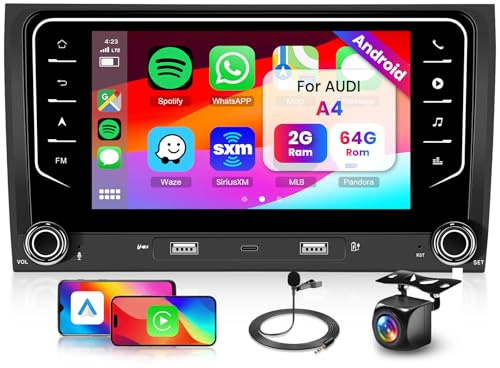Hodozzy 2G+64G Android Autoradio för Audi a4 b6 s4 Rs4 Seat Exeo Mit Wireless Carplay Android Auto Mirrorlink, 7-Tums Pekskärm Autoradio Mit Navi Wifi Bluetooth DSP FM/RDS Radio Mit Rückfahrkamera