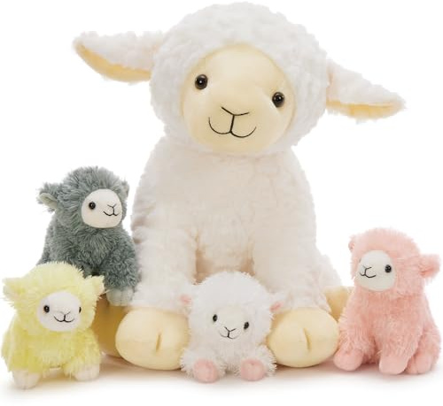 MorisMos Beige Schaf Kuscheltier XXL mit 4 lamm im Bauch, 35cm groß Schaf Plüschtier Stofftier Kuscheltiere, sheepteddy Geburtstag Weihnachten Geschenk Kinder Baby Mädchen