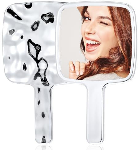 Xinjoduz 2 PCS Mirror Handheld Small Hand Mirror Water Ripples Hands Mirrors with Handle Silver Handheld Makeup Handhelds Garden Single-Sided Normal for Women Men (6.69 × 3.94 Inches)