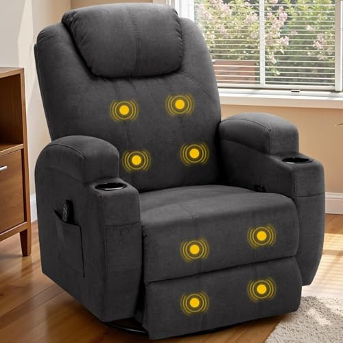 Recliner Chair, 360° Swivel Rocker Chair for Adults, Rocking Recliner Chair with Massage, Comfy Single Sofa with Side Pockets Cup Holders for Living Room, Bedroom, Nursery (Fabric, Dark Gray)
