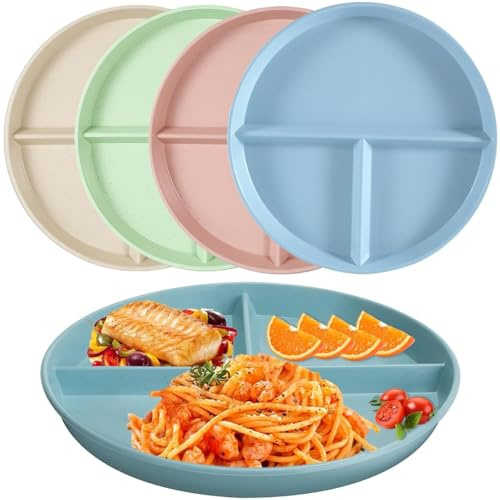 Ezranova Lot de 2 assiettes plates divisées, réutilisables, en plastique incassables, contrôle des portions pour pique-nique, camping, dessert (beige, vert)