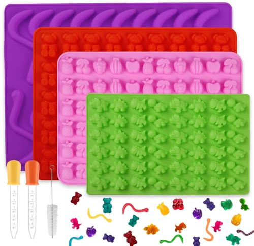 4 Pcs Silicone Gummy Candy Molds Kit,Non-Stick Chocolate Candy Gummy Mould with 2 Droppers Including Dinosaur, Bear, Gummy Worm and Fruit Shape DIY Baking & Party Favors
