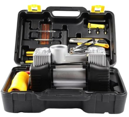Kit Compressore Aria 12V | Pompa Bicilindrica 200W Ad Alta Pressione | Toolbox Per Auto, Moto, Campeggio | Display Digitale Auto-Spegnimento | ABS+Metallo Portatile Con