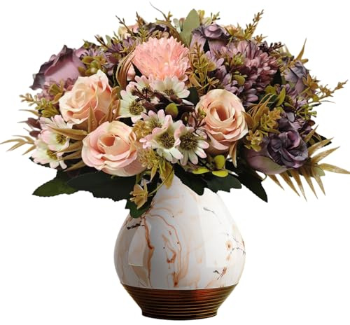 Flores artificiales artificiales como auténticas, 4 paquetes de seda, ramo de flores artificiales, sin cuidado y duraderas, para bodas, fiestas, hogar, cocina, decoración (lila + champán)