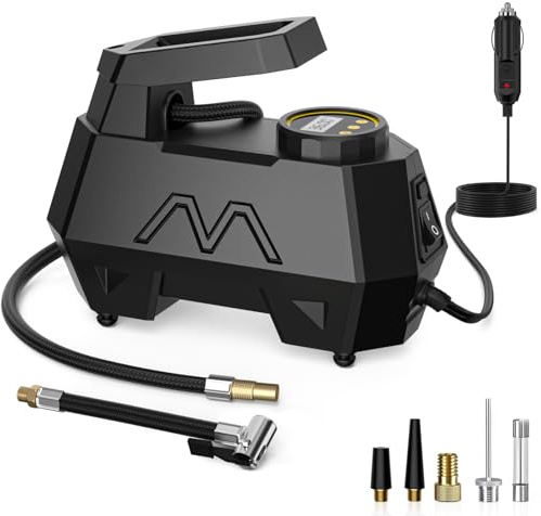 Elektrische Luftpumpe Auto, Tragbarer Reifenfüller, Luftpumpe für Autoreifen, 12-V-Gleichstrom-Autopumpe mit digitalem Manometer und LED-Notleuchte für Auto und Motorrad