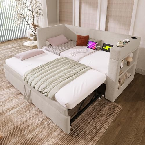 Merax 3ft Single Trundle Day Bed,Single Beige Upholstered Bed with Pull Out Bed,with Cup Holders,USB&Type C Charging Station,Side Storage,Slatted Frame,for Adults Children,Linen/90x190cm(No Mattress)
