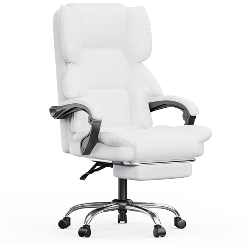 naspaluro Chefsessel Bürostuhl mit Fußstütze, Schreibtischstuhl Ergonomisch, PU Leder Computerstuhl mit Gepolsterter Armlehnen und Weicher Kopfstütze Neigefunktion, Höhenverstellbar Drehstuhl, Weiß