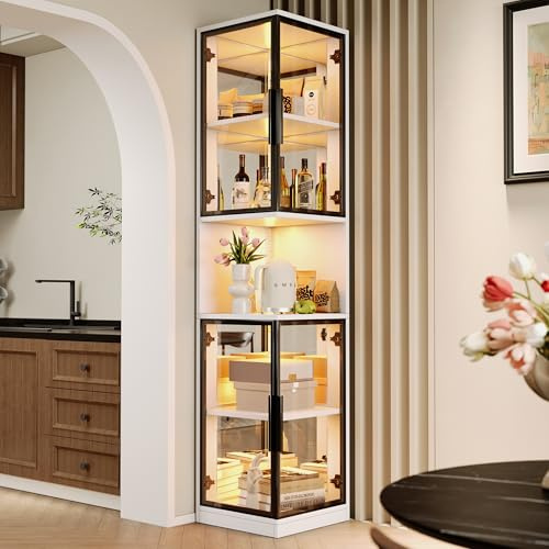 Dolamaní Vetrinetta di 205 cm di altezza con illuminazione a LED e porte in vetro doppio, vetrinetta angolare, vetrinetta a 5 livelli, dispositivo di protezione antiribaltamento, per soggiorno, camera