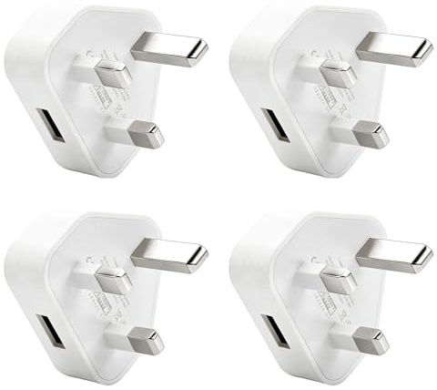 3 Pin Plug UK 4 Pack USB Charging Adapter, 5V 1A USB Wall Plug with Smart IC, Fast Safe Charger Compatible with i Phone 12 11 XR X 8 7, i Pad, Sam sung Galaxy, Hua wei, Moto rola, LG, One Plus