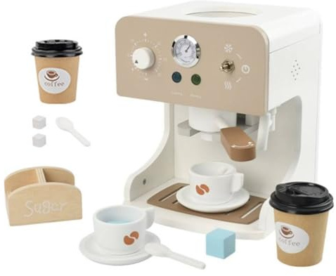 Folpus Machine à Café en Bois Jouet Cafetière Enfant Appareil Cuisine Jouet Service Café Mini Accessoires Sucres et Gobelet à Emporter Boutons Lumineux et