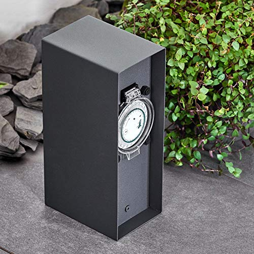 HOFSTEIN Außensteckdose Abilene, Gartensteckdose aus Metall in Anthrazit, Zeitschaltuhr/Timer, 2 Steckdosen mit Klappdeckeln, Festinstallation, Mehrfachsteckdose, Garten, Terrasse, Außenbereich, IP 44