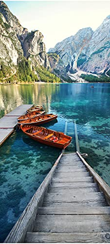 wandmotiv24 Türtapete Steg im Bergsee, Boote, Berge, Wasser 80 x 200cm (B x H) - Dekorfolie selbstklebend Sticker für Türen, Türfolie, Aufkleber, M1307