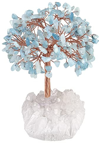 KYEYGWO Aquamarine Heilung Kristall Geldbaum auf Natürlichen Bergkristall Druse Rohstein Basis, Feng Shui Bonsai Baum Stein Glückbaum Figur Edelsteinbaum Ornament Haus Decor