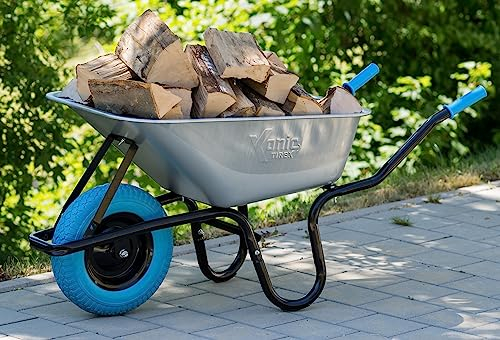 TIREX by xonic® Schubkarre mit Stahlfelge – Verzinkte Wanne bis 250kg/ 100l - Robuste Ausführung für Garten und Blau – Schieb-Karre mit PU Vollgummi-Rad - Blau- Silber