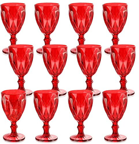 Yinder Glass Goblet Vintage Wine Goblet Embossed Glassware 10 oz Solid Color Glass Stemmed Cups for Iced Tea Beverage Soda Juice Water Liquor and Party Wedding Bars Restaurants(Red,12 Pack)
