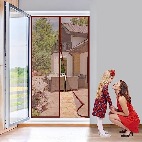 Magnetic Fly Screen Door, 225x190cm Curtains Against Fly Mosquito Door, Insect Screen Fly Curtain Magnet Door, Mosquito Net Nylon Tape Mounting, Brown