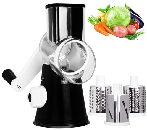 X Home Rotary Cheese Grater for Kitchen, Shredder with 3 Interchangeable Blades, Rotary Grater with Handle and Strong Suction Base, for Vegetables, Fruit, Nuts, Easy to Use and Clean, Black