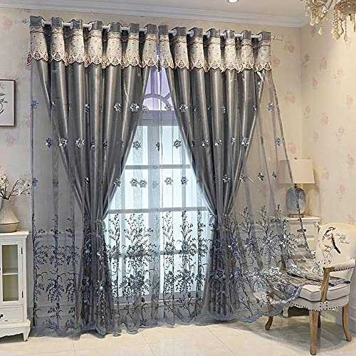 Amidoudou 1 Pair European Double Layer Curtains for Living Room Bedroom Luxury Flower Embroidered Blackout Curtains with Valance (Grey,66 x 84 Inch)