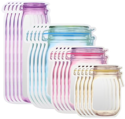 20 Piezas Bolsa de Botella Mason, Reutilizables Bolsas Zipper para Bocadillos, 4 Tamaños Prueba de Fugas Herméticas Bolsas de Almacenamiento, para Viajes Picnic Guardar Especias Caramelos y Galletas