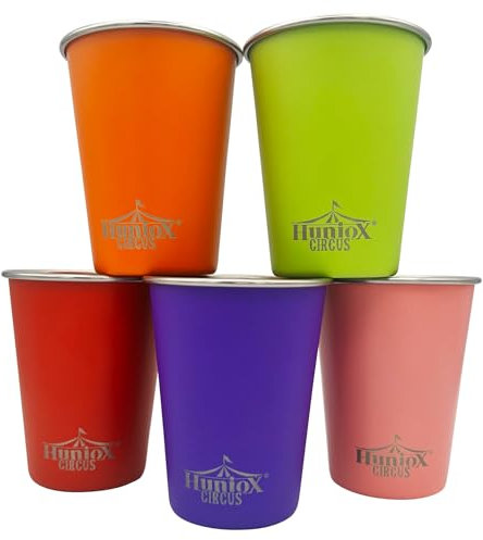 Huniox® 5 X 350 ML Stainless Steel Cup - Stackable Mugs - Camping Cup - Stainless Steel Cups - Picnic Cups - Unbreakable Glasses (Circus, 350 ML)