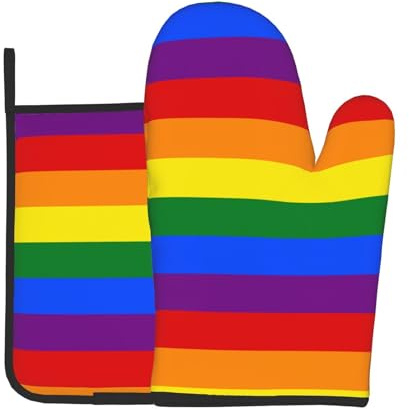Jbyjbx Ofenhandschuhe und Topflappen mit Regenbogen-Aufdruck, Set für Küche, Backen, Grillen, 18 x 27 cm