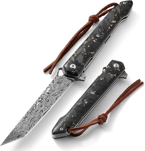 Omesio Cuchillo Damasco de Bolsillo para Hombre Mujer, Cuchillo Plegable Tanto de 3.94 Pulgadas con Mango de Fibra de Carbono, Cuchillo EDC de Acero Damasco para Outdoor Camping Caza Colección Regalo