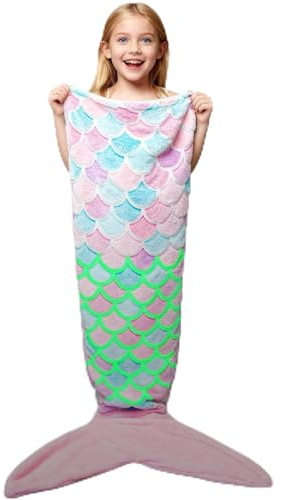 WERNNSAI Mermaid Tail Blanket - Wearable Mermaid Glow in The Dark Blanket for Girls Toddler Soft Flannel Snuggle Throw Sleeping Bag for Kids Birthday (43.3” x 15.7”)