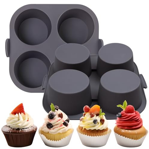 Fchil Silicone Muffin Tray for Air Fryer 1Pcs, 4-Cups Nonstick Muffin Pans with Carrying Handle, Silicone Cake Pans for Baking Cupcakes Pudding Dessert Quiches Tart, Grey