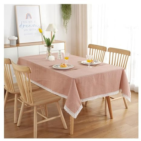 Epinki 140x220CM Tischtuch, Tischdecken Punkt mit Spitze Baumwolle Polyester, Biertisch Tischdecke Tischschutz für Drinnen Draussen Garten Esszimmer Party und Festen, Khaki