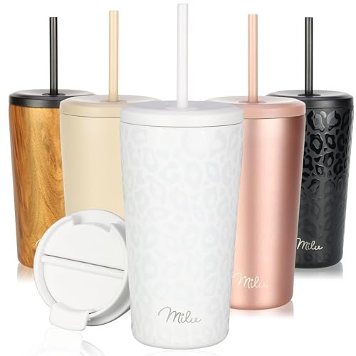Milu Thermobecher 500ml - 100% Auslaufsicher - Edelstahl Kaffeebecher to go isoliert mit Strohhalm hält 10h heiß / 20h kalt, BPA-frei (White Leopard, 500ml)