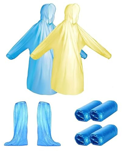 6 Pezzi Poncho Antipioggia Monouso, Cerata Antipioggia con 6 Pezzi Copriscarpe Impermeabili Monouso, Mantella Pioggia Portatile con Cappuccio, Cappotto di Pioggia Poncho per Uomo Donna Colore Casuale