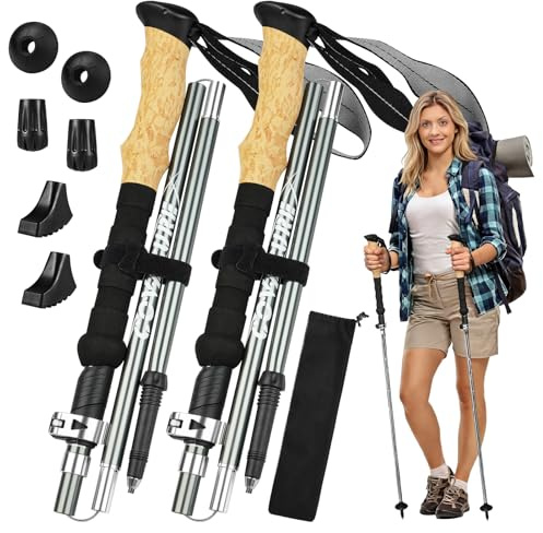 COVACURE Hiking Poles, 2pcs Collapsible Ultralight Aircraft-Grade Aluminum Walking Sticks for Men & Women with EVA Cork Handle & Metal Flip Locks(110-130cm)