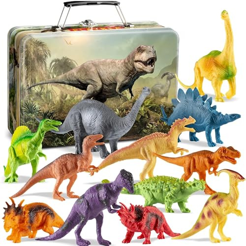 Gondola Dinosaurier Spielzeug Set - 12-teilig, ab 3 Jahren - Detailreiche Figuren mit Spinosaurus & Triceratops - Spielspaß drinnen & draußen mit Dinos - Metallbox mit Brachiosaurus & Allosaurus
