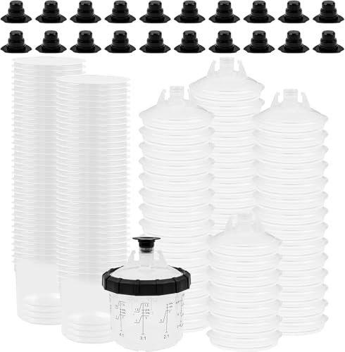 HVLP Lot de 50 gobelets de mélange jetables pour pistolet à peinture automobile avec 50 doublures, 50 couvercles avec passoire de 125 microns, 20 bouchons et 1 tasse rigide avec anneau de retenue