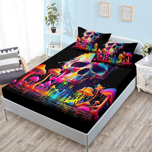 Spannbettlaken 140x200cm Schädel Pilz Schwarz Bettlaken 140x200 Mikrofaser Spannbettlaken Topper 140x200 Atmungsaktiv Bettbezug 140x200 Leintuch 140x200 Bed Sheets 140x200 30cm Tiefe