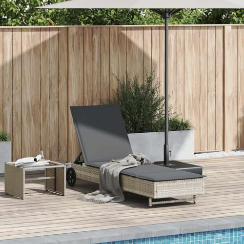 Wenjingqi-4104038 Sonnenliege mit Rädern und Kissen, Polyrattan, Hellgrau,