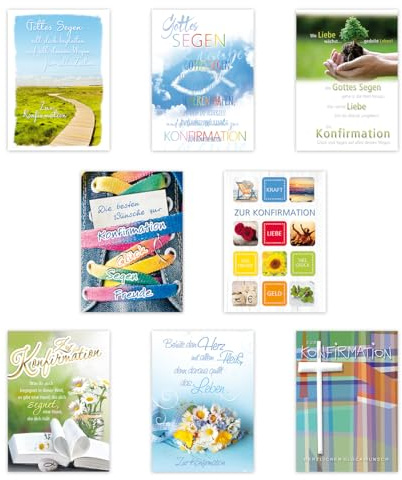 KE - Edles Konfirmationskarten Set – 8 Glückwunschkarten zur Konfirmation mit 8 Motiven – Vorteilspack für feierliche Glückwünsche - Gottes Segen