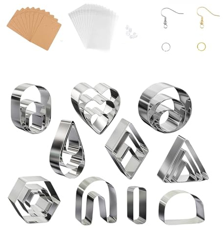 Polymer Clay Cutters 130 Stück Ton-Ohrringschneider Modelliermassen Ausstecher Edelstahl Ohrringe Cutters Set mit Ohrringkarten und Haken für Schmuckherstellung Keks Plätzchen Tortendekorationen