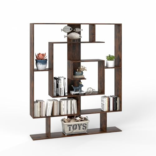 HOMASIS Libreria da Parete Geometrica con 7 Scomparti, Scaffale in Legno con Protezione Anti-Ribaltamento, Espositore Moderno, Libreria Divisoria Ambiente per Soggiorno, 125 x 22 x 150 cm (Marrone)