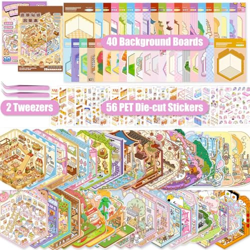 40 Sets DIY 3D House Sticker Scene Kit, Sticker Therapy, Stress Relief Sticker Creative Reusable Sticker Book with 56 PET Stickers, 40 Miniature Cabins, 2 Tweezers, Gift for Adults Kids Girls Boys