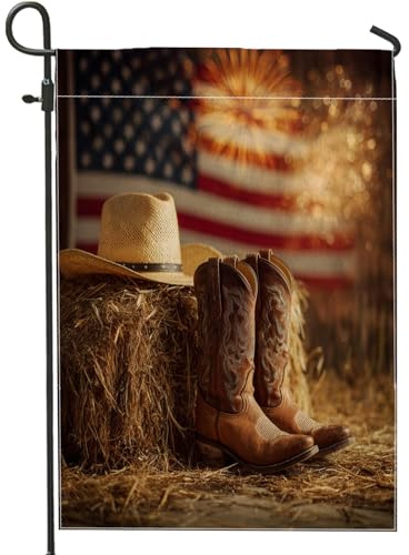 Rustikale patriotische Cowboy-Gartenflagge, braune Lederstiefel, Strohhut, Bauernhaus-Stil, Unabhängigkeitstag, Sommer, Outdoor, Urlaub, Rasen-Dekoration, 30,5 x 45,7 cm