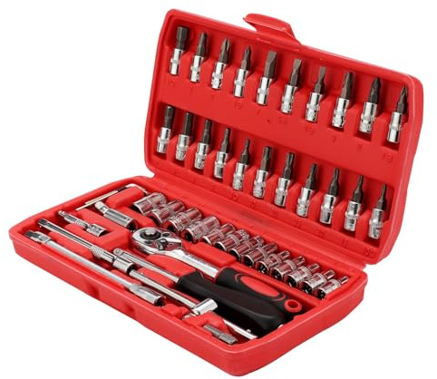 46Pcs Socket Wrench Set Ratchet Wrench 1/4 Drive Socket Wrench Driver Bits Set Flexible Extension Rods for DIY Home Car Repair