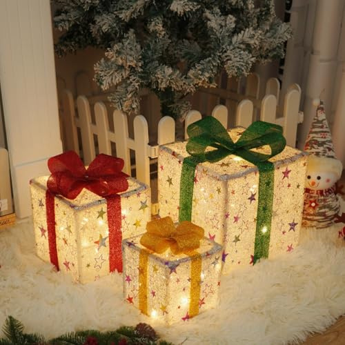 OVOISSTIY 3 Stück LED Geschenkboxen, 8 Leuchtmodus Weihnachtenbox Beleuchtet Deko, Weihnachten Boxen Lichter mit Timer für Weihnachtsdeko Outdoor, Weihnachtsbaum LED Geschenkbox (Sterne)