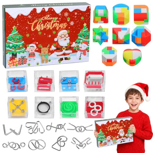 Adventskalender 2025 Knobelspiele Kinder Erwachsene, 24 Tage von Weihnachtskalender Geschenk - Metall Knobelei 3D Labyrinth Würfel Puzzle, Advent Calendar für Jungen Mädchen Jugendliche