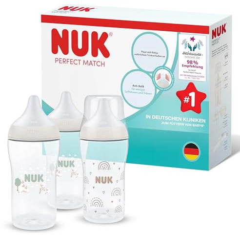 NUK Perfect Match Babyflaska | 3+ månader | 260 ml | Anti-kolikmatningsflaska | PP | Temperaturindikator | Får | 3 stycken