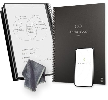 Rocketbook Core wiederverwendbares Spiral-Notizbuch, Format 21 cm x 29,7 cm, Schwarz – gepunktete Seiten, App-Konnektivität, löschbar, robuster Einband, ideal für Schule, Arbeit und kreative Projekte