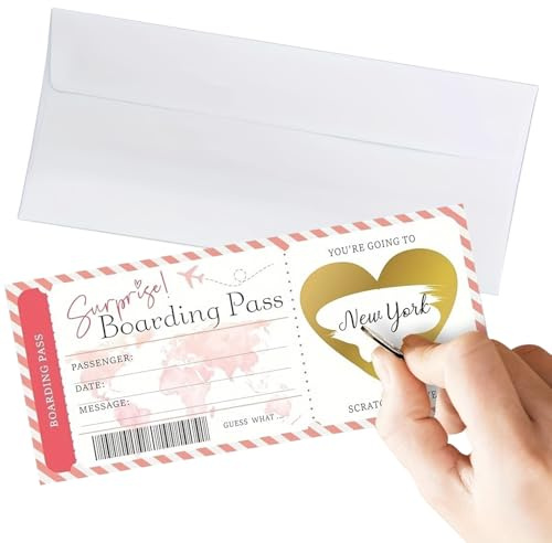 Scratch Card Reveal Holiday Surprise Travel Personalised Boarding Pass Scratch Card with Envelope and Heart Scratch Card Stickers for Spouse Family Lover Birthday Anniversary Travel Surprise (Pink)